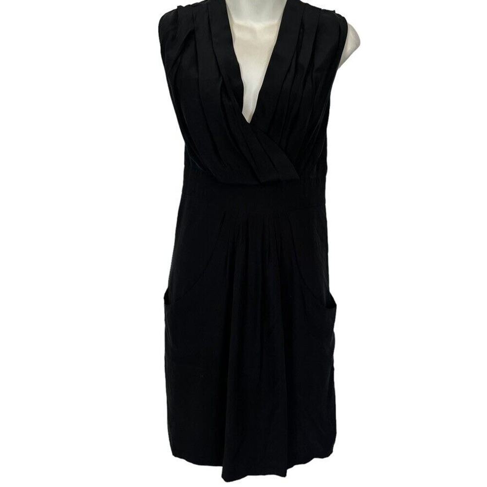 Kenneth Cole New York Womens Black Pleated V-Neck Silk Dress Pockets Mini sz 0